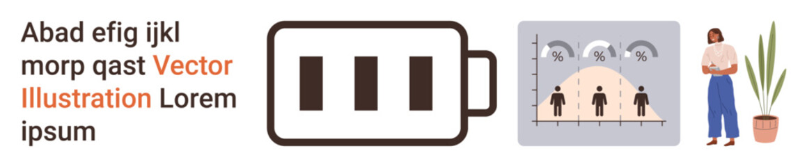 Technology impact, human data analysis, sustainable energy, demographics study, personal growth, eco-awareness. Battery icon, chart with figures woman and plant. Technology impact and human data