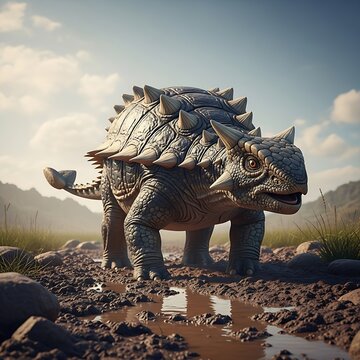 Ankylosaurus in a muddy landscape with mountains in background.