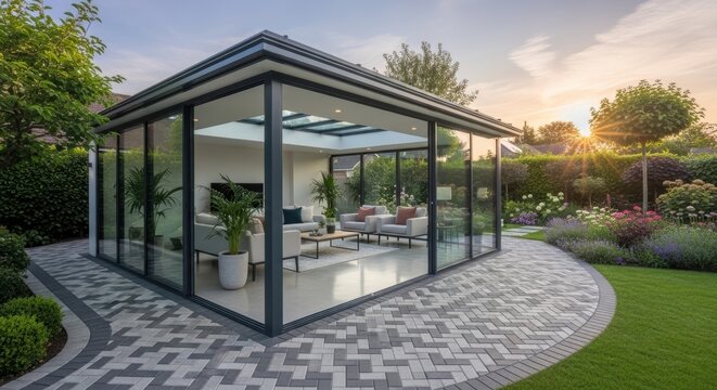 Modern glass extension seamlessly blends indoor living with beautifully landscaped outdoor garden and patio at serene sunrise.