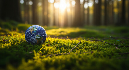 A globe with a map of the world on it, placed on a lush green grassy field with sunlight filtering through the trees.
