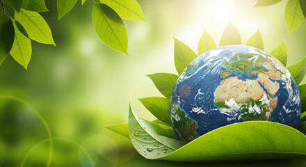 A world with a world map on it, resting on lush green leaves bathed in sunlight filtering through the trees.