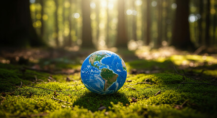 A globe with a map of the world on it, placed on a lush green grassy field with sunlight filtering through the trees.