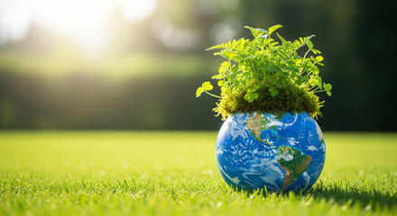 A globe with a map of the world on it, placed on a lush green grassy field with sunlight filtering through the trees.