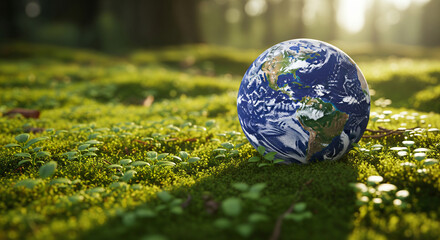 A globe with a map of the world on it, placed on a lush green grassy field with sunlight filtering through the trees.