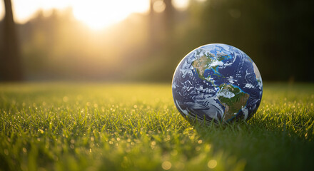 A globe with a map of the world on it, placed on a lush green grassy field with sunlight filtering through the trees.