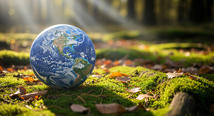 Crystal clear glass sphere reflecting lush green mossy ground with sunlight filtering through leaves.