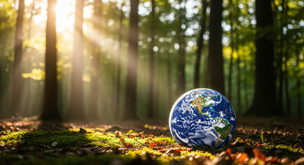 Crystal clear glass sphere reflecting lush green mossy ground with sunlight filtering through leaves.
