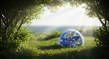 Crystal clear glass sphere reflecting lush green mossy ground with sunlight filtering through leaves.
