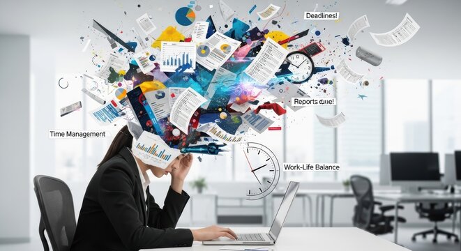 Stressed businesswoman overwhelmed with paperwork and deadlines struggling to achieve work-life balance in modern office environment effectively managing time.