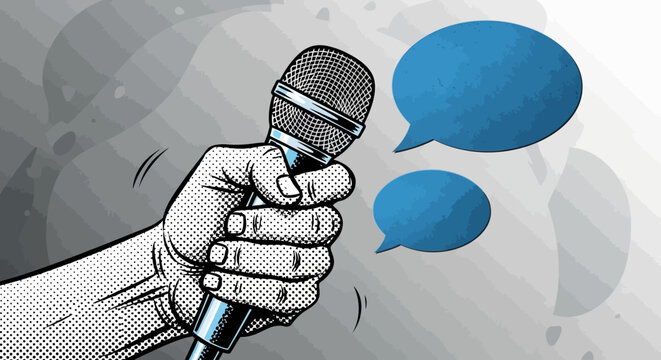 Hand holding microphone with speech bubbles.