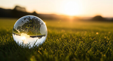 Crystal clear glass sphere reflecting lush green mossy ground with sunlight filtering through leaves.