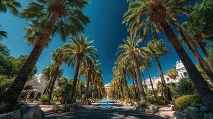 Long perspective of palm-lined road on a sunny day
