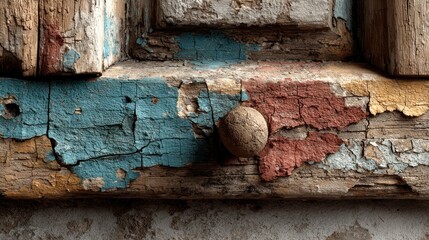 Close-up of weathered, flaking paint on wooden surface with knob