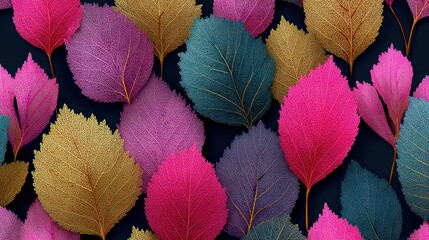 Colorful stylized leaves, overlapping on dark backdrop, vibrant & textured