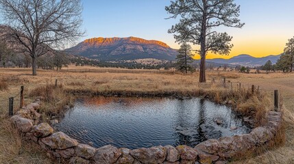 Dawn view of small pond with mountain backdrop and golden light