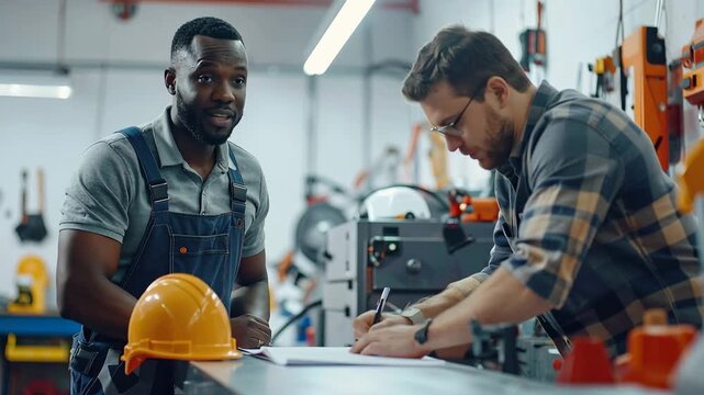 Diverse Engineers in Industrial Workshop Reviewing Technical Blueprints and Signing Documentation