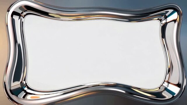Shiny Silver Tray Frames Reflections on Blue Surface.