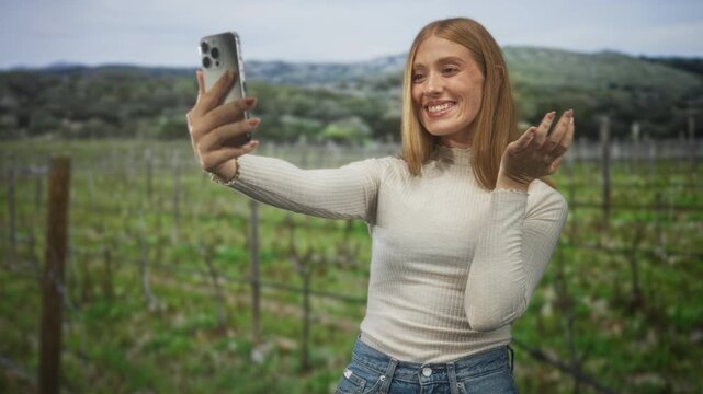 Young woman taking selfie, pointing finger at smartphone in a vineyard with rolling hills and vines in view; joy connection.
