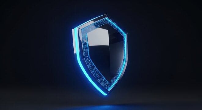Shield with glowing blue outline and intricate circuitry design representing advanced security and protection technology in a futuristic context.