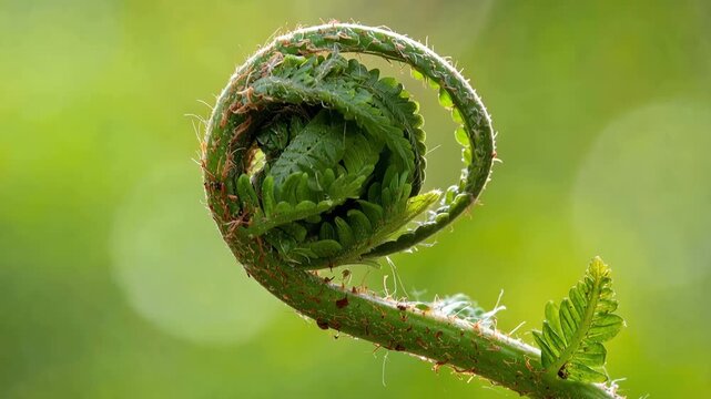 Close Up Macro of a Young Green Fern Fiddlehead Unfurling with Natural Hairs and Bokeh Background