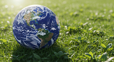 A globe with a map of the world on it, placed on a lush green grassy field with sunlight filtering through the trees.