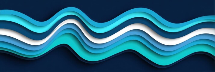 Fototapeta premium A dynamic, layered design of flowing, wavy lines in shades of turquoise, blue, and white, set against a deep navy background.