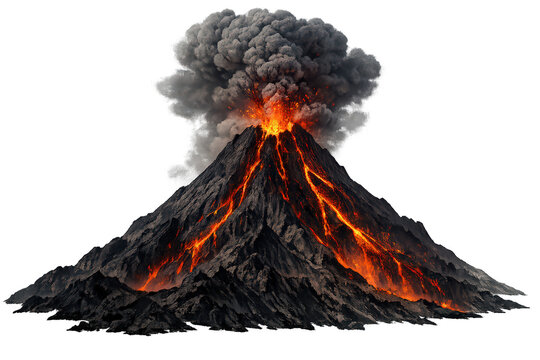 Volcano erupting producing huge smoke cloud with molten lava flowing down slopes on transparent background