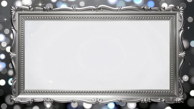 Glimmering silver ornate frame with festive glitter border.