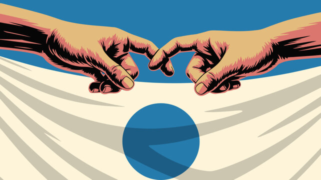 Two outstretched hands nearly touch above a white surface with a blue circle echoing michelangelo s creation of adam high quality professional detailed modern elegant stylish