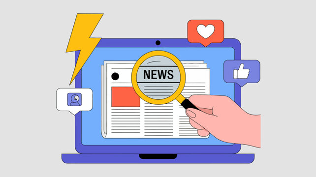 A flat design illustration depicts a laptop screen surrounded by social media icons highlighting news consumption and digital interaction high quality professional detailed modern elegant stylish