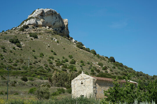 church in the mountains, Sardinian landscape near Banari in the Logudoro region, Meilogu. Sassari, Sardinia. Ossi, village church of Sant'Antonio