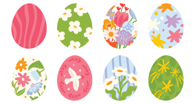 Cute set of Easter eggs vector set with colorful hand-painted patterns. Spring collection of decorated eggs with dots, stripes, flowers, hearts and bunny shapes. Perfect for cards, stickers