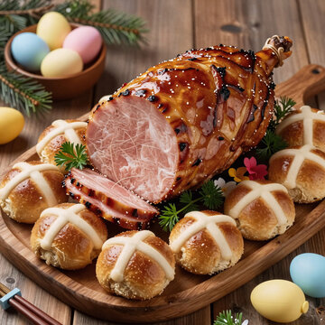 traditional japanese, "delightful holiday spread of glazed ham, hot cross buns & easter eggs