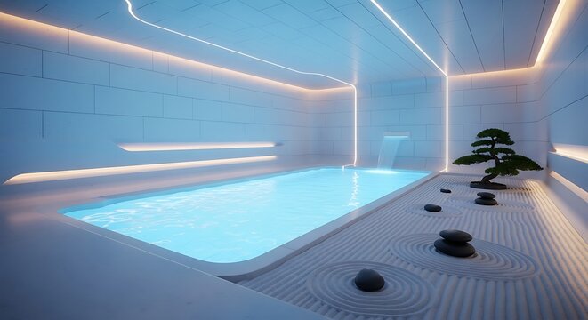 Modern indoor swimming pool with a zen garden and a small bonsai tree, illuminated by soft LED lighting