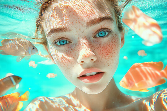 Submerged portrait of a freckled woman surrounded by orange tropical fish