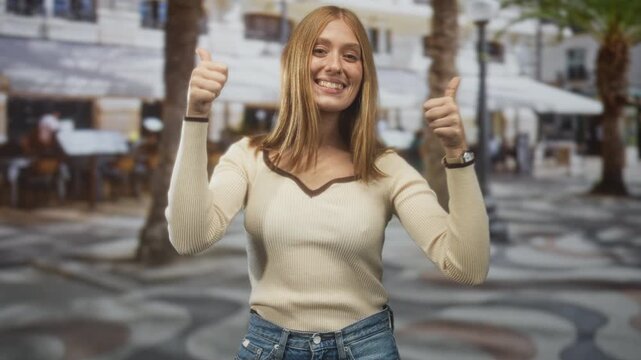 Woman showing both thumbs up with visible hands and a broad smile on a pedestrian street cafe; warm optimism.