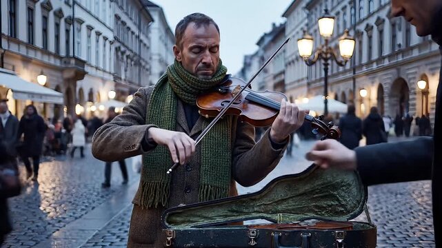 A street musician plays the violin for passersby on a cobblestone street in Europe, earning money to support himself