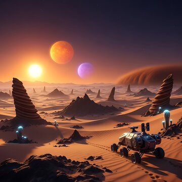 Vast alien desert landscape under a sky with multiple planets, featuring a rover exploring the sandy terrain with strange rock formations and atmospheric dust devils