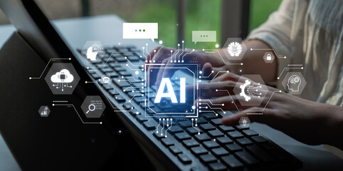 Concept of a cognitive and conversational AI. The central processor powers a chatbot, performs...