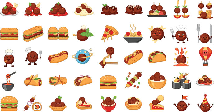 Vibrant cartoon meatball and fast food illustrations collection