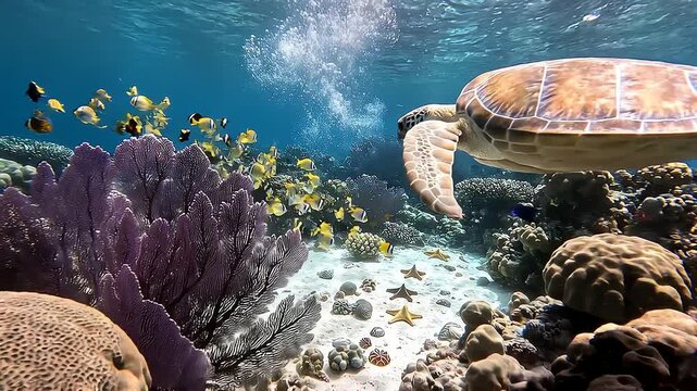Sea turtle swims above vibrant coral reef ecosystem
