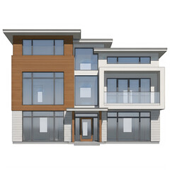 Modern three-story building with mixed materials and large windows