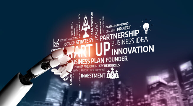 A captivating image showcasing a robotic arm interacting with key business concepts against a vibrant city skyline, highlighting themes of innovation and startup culture. Tessel