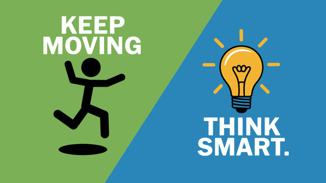 A vibrant graphic features a running stick figure on a green background and a lightbulb with the text think smart on blue high quality professional detailed