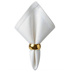 A white napkin with a gold ring isolated on transparent background