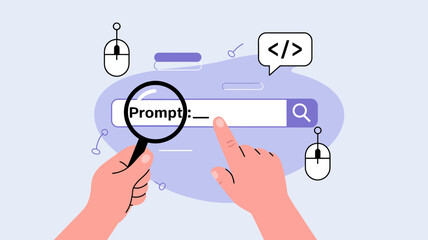 An illustration depicts a hand interacting with a mobile device showcasing a search bar and coding symbols high quality professional detailed modern elegant stylish clean crisp