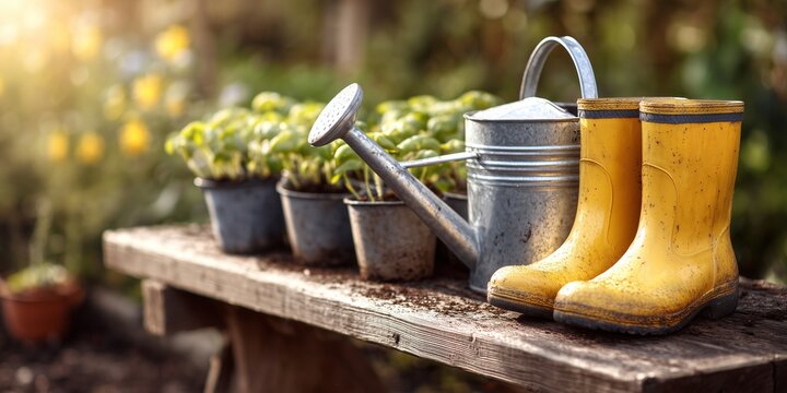 Metal watering can and yellow wellies on wooden bench in a blooming spring garden. Nearby pots of seedlings bask in soft sunlight, evoking new beginnings.