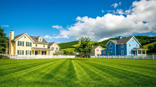 Scenic Suburban Homes with White Fences and a Beautiful Green Lawn Under a Bright Blue Sky with Clouds