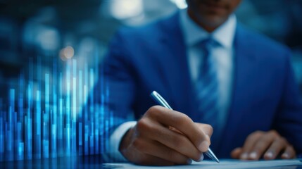 A man in a suit is writing on a piece of paper