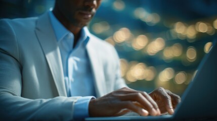 A man in a suit is typing on a laptop